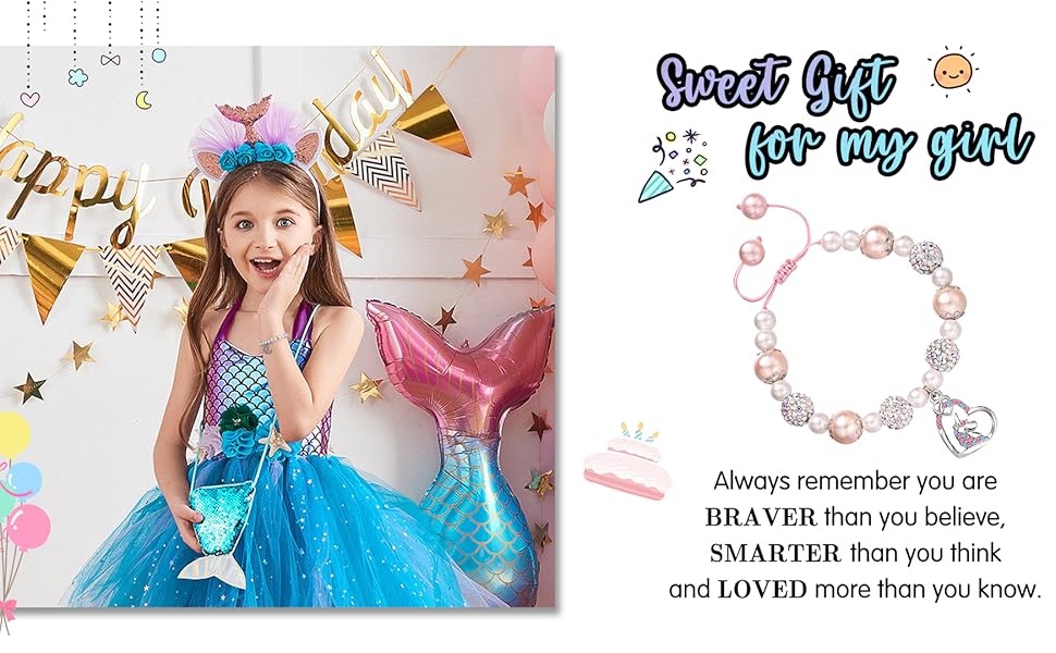Unicorn Bracelet for Girls, Back to School Adjustable Pink Pearl and Rhinestone Balls Gifts for Girls Daughter Granddaughter Niece, Birthday Gifts for 4-12 Year Old Girls
