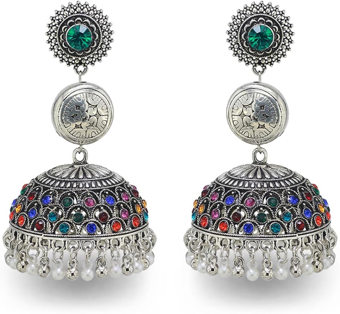 Boho Jhumka Jhumki Drop Dangle Earrings for Women Chandelier Bell Statement Crystal Silver Plated Pendant Earring Mexico Tassel Studs Ethnic Style Bollywood Vintage Party Wedding Jewelry