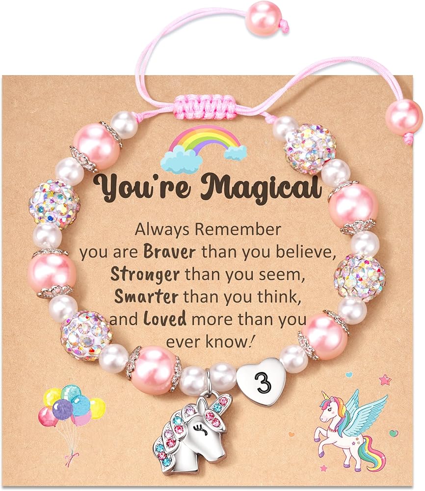HGDEER Unicorns Gifts for Girls, Adjustable Pink White Pearl Unicorn Bracelet Birthday Christmas Gifts for Daughter Niece Granddaughter Graduation Gifts for Girls