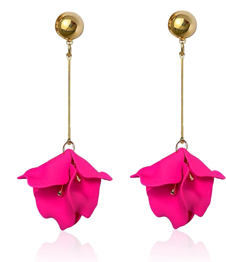 GUOXIAOMEI Long Hanging Tassel Red Rose Flower Petal Earrings Resin Statement Hanging Floral Tassel Drop Dangle for Women Girls Elegant Boho Jewelry Gifts