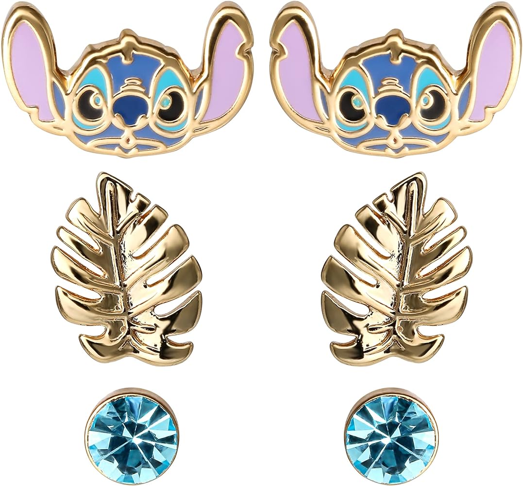 Disney Stitch Girls Earrings 2 and 3 Piece Sets - Flash Plated Set of 2 or 3 Stud Stitch Earrings for Girls - Officially Licensed Stitch Jewelry