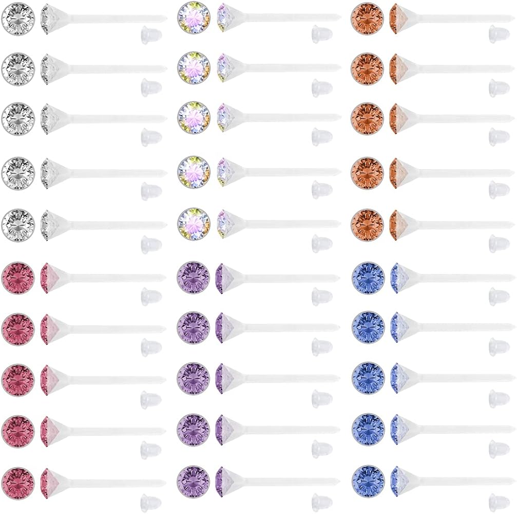 60 Pairs Colorful Cubic Zirconia Stud Earring Set with Plastic Post Clear Ear Hole Retain Earring Stud Cute Birthstone Earring for Women Girls