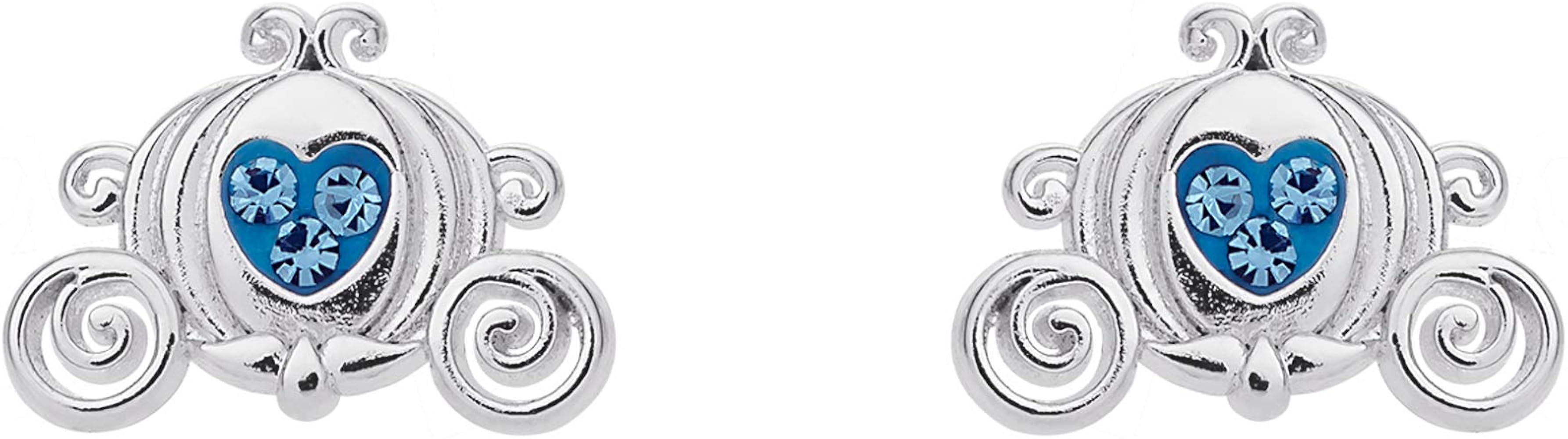 Disney Princess Girls Cinderella Carriage Stud Earrings, Silver Flash Plated Cinderella Earrings Official License