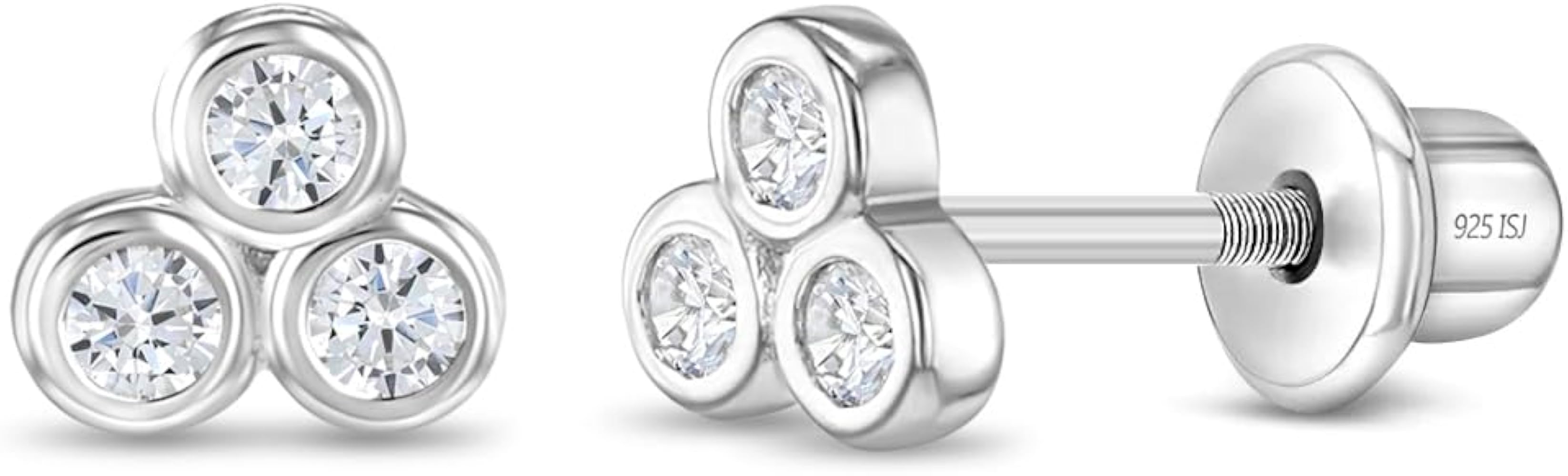 925 Sterling Silver Dazzling Trio Cubic Zirconia Cluster Safety Screw Back Earrings For Little Girls and Preteens - Small Clear CZ Stone Earrings For A Young Girl