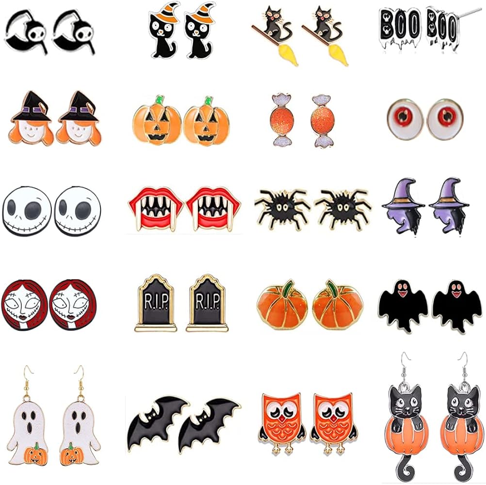 20/24 Pairs Hypoallergenic Halloween Earrings for Girls Cute Stud Earrings Sets Halloween Earrings for Women Teen Girls Pumpkin Spider Bat Black Cat Ghost Witch Candy Spooky Earrings Halloween Jewelry Fall Earring Set