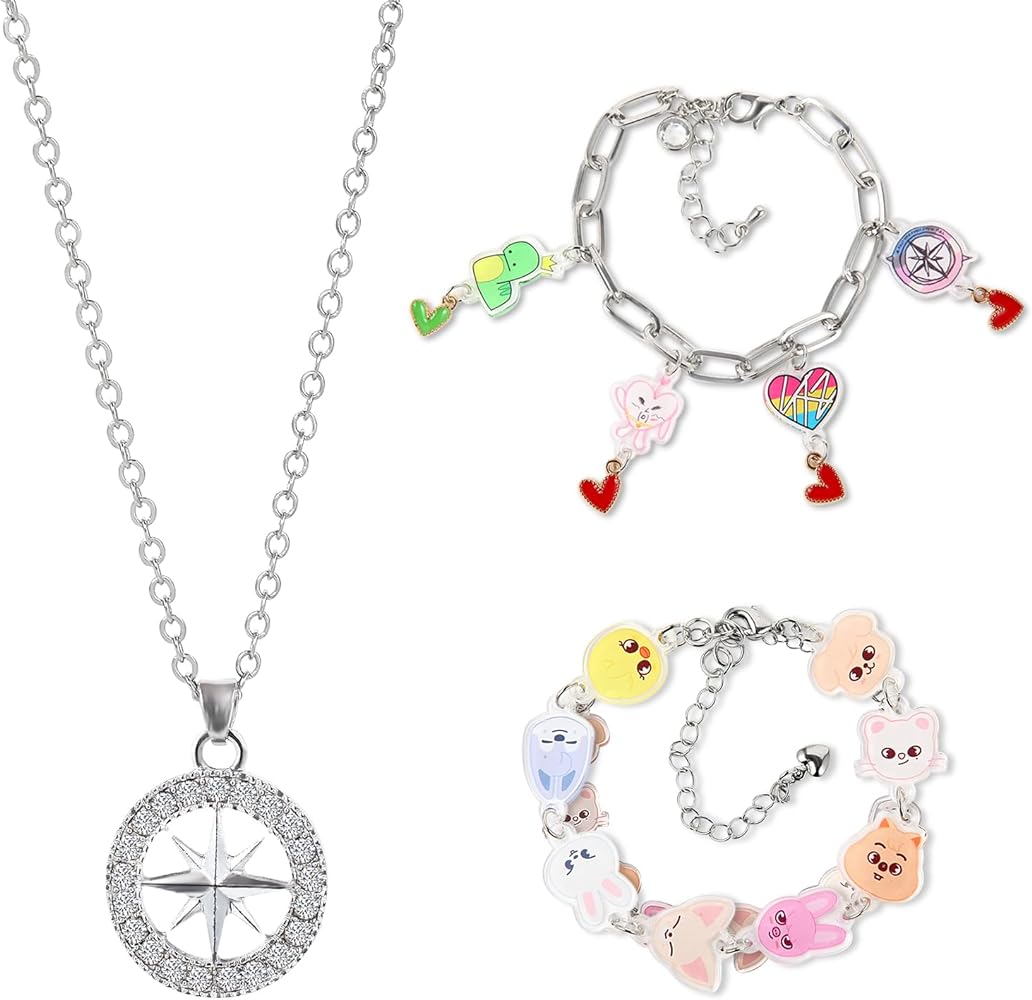 3 Pcs Stray Gift Set Skzoo Animals Acrylic Pendant Chain Bracelet, Alloy Bracelet with Cute Acrylic Dinos Maxident Stay Charms,Kpop Compass Necklace for Fans Girls, Small, Red