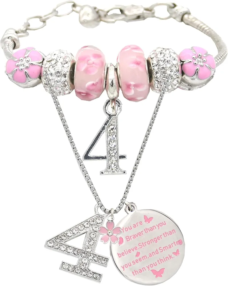 MEANT2TOBE 4th Birthday Gifts for Girls, 4th Birthday Charm Bracelet, 4th Birthday NeckLace, 4th Birthday Party Supplies, 4th Birthday Decorations for Girls, 4 Years Old Birthday Jewelry for Girls