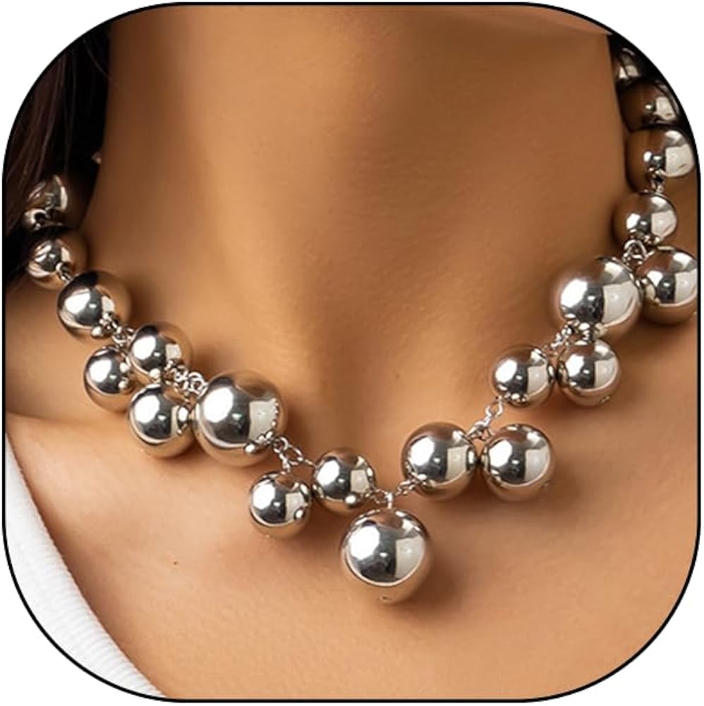 Chunky Pearls Statement Choker Necklace for Women Teen Girls,14K Gold Large Beaded Punk Ball Cluster Collar Necklace Party Dainty Jewelry Gift