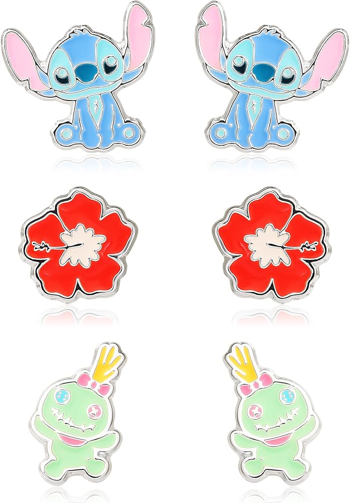 Disney Lilo and Stitch Experiment 626 Silver Plated Stud Earring Set, 3 Pairs - Officially Licensed