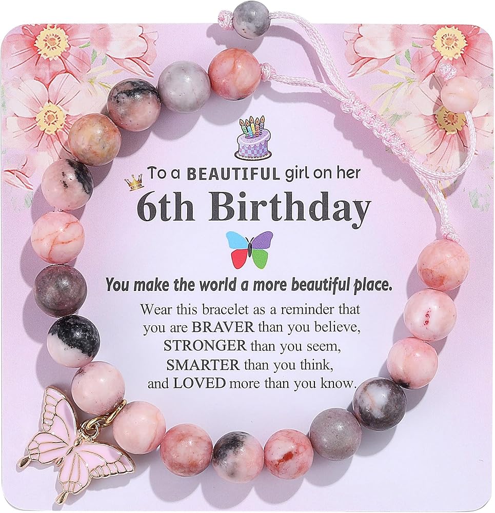 Birthday Bracelet Gift for Girls 6-13 Years Old, Pink Zebra Natural Stone Butterfly Charm Bracelet for Daughter Granddaughter Niece Teenage Girl Birthday Gift