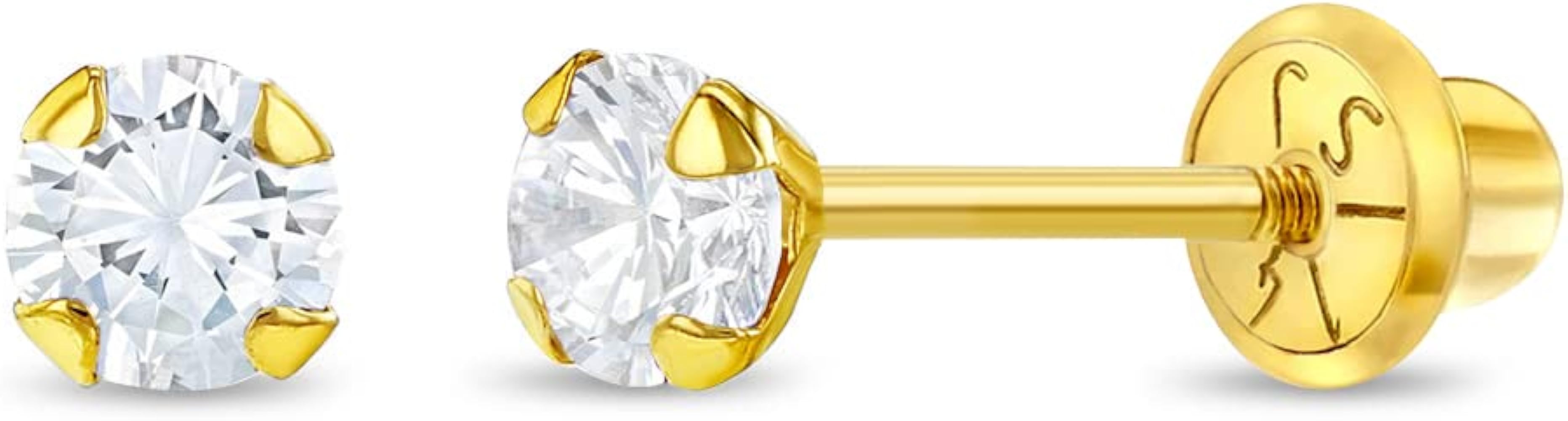 14k Yellow Gold Tiny 3mm Cubic Zirconia Prong Set Solitaire Screw Back Earrings for Little Girls - Tiny & Elegant Earrings with Safety Screw Backs for Babies, Toddlers, & Children - Dainty CZ Studs