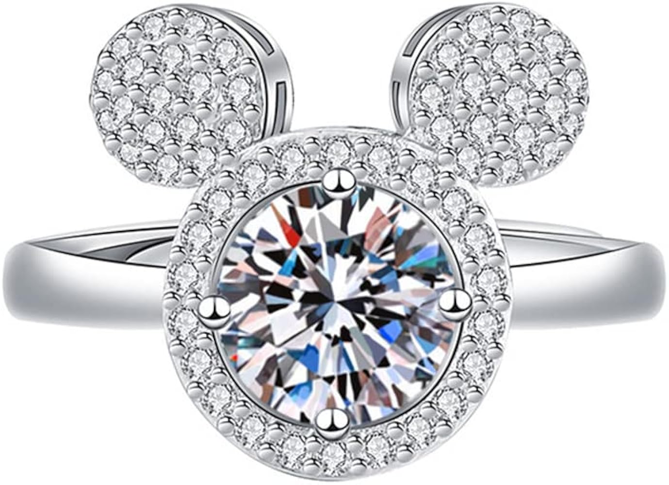Halo CZ Mouse Statement Ring for Women Girls Silver Plated Cubic Zirconia Cute Mice Animal Promise Adjustable Expandable Finger Band Ring Comfort Fit Dainty Christmas Birthday Party Jewelry Gift
