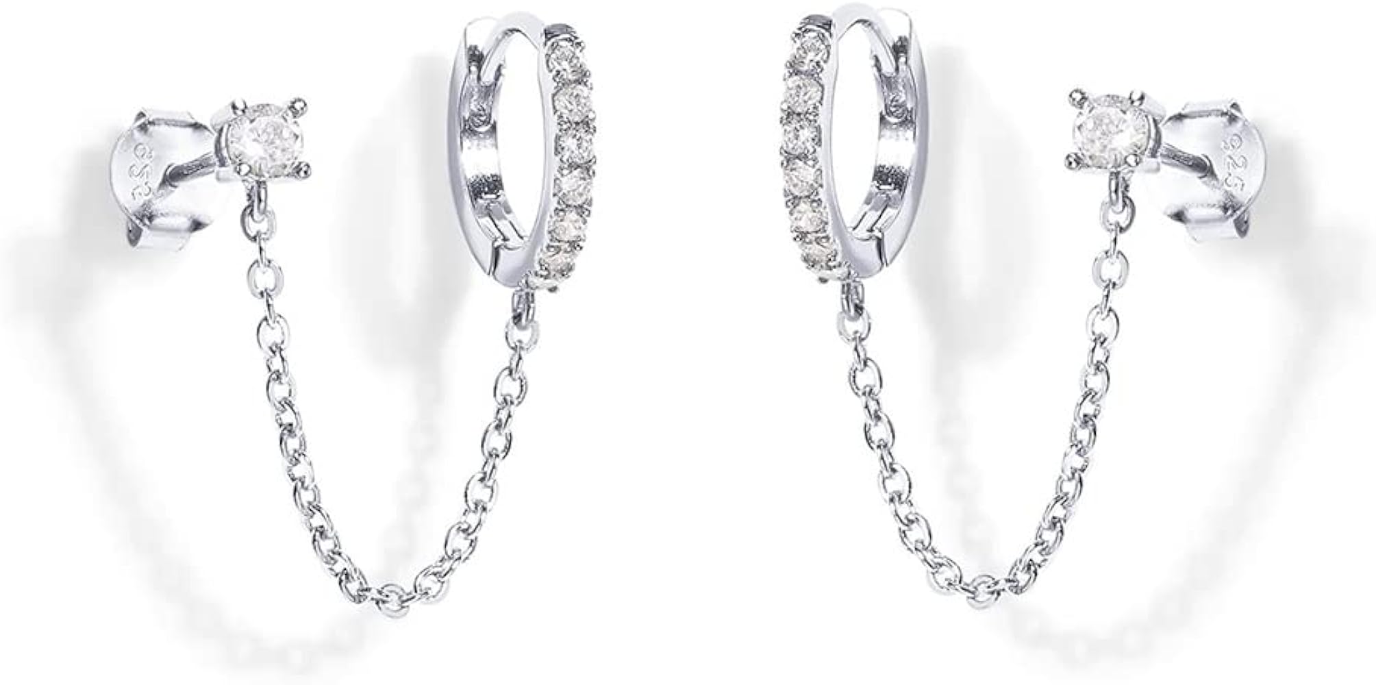 Dainty Round CZ Stud Small Hoop Cuff Cartilage Double Piercing Earrings for Women 925 Sterling Silver Threader Chain Drop Dangle Delicate Two Holes Cubic Zirconia Crystal Huggie Hoops Crawler Climbers Hypoallergenic Studs Fashion Jewelry Gifts Bff Birthday Her Valentine's Day