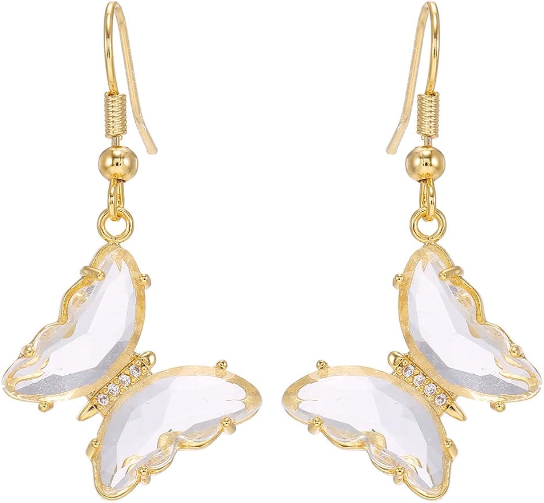 CZ Butterfly Glass Drop Dangle Earrings for Women Teen Girls 925 Sterling Silver Post Pin Cubic Zirconia Gold Plated Hypoallergenic Nickel Free Cute Charms Dangling Stud Earring Dainty Dainty Christmas Halloween Theme Party Jewelry Gifts